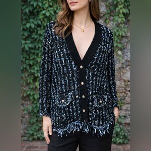 TORRID BELLE ISLE Black and Blue Tweed Fringed Cardigan, 3X